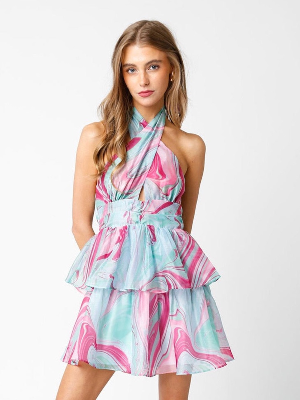 Olivaceous Crossover Halter Mini Dress Pink & Aqua Marble Tiered Small